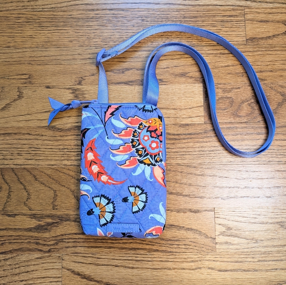 Vera Bradley RFID Mini Cellphone Crossbody Mural Garden Blue Purple Pink Print - Picture 2 of 6